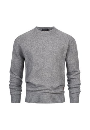 Maglione grigio a girocollo, realizzato in un morbidissimo misto lana, con maniche lunghe, polsini e orlo a costine, e un piccolo etichetta con il marchio sul lato.