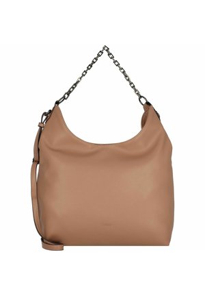 Tasche aus tanfarbenem Leder mit glatter Textur, runder Form und einem Kettenakzent-Trageriemen. Verfügt über einen abnehmbaren Ledergriff.