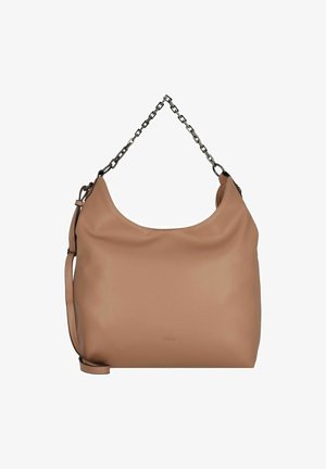 Sac à épaule en cuir tan avec une texture lisse, une forme arrondie et une bandoulière accentuée de chaînes. Il possède une anse en cuir amovible.