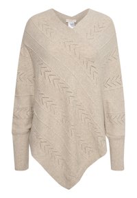 Beige gebreide poncho met V-hals, voorzien van diagonale streepjespatronen en opengewerkte accenten. Zachte textuur met lange mouwen en asymmetrische zoom.