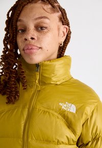 Olivno zelena puffer jakna z visokim ovratnikom, zadrgo na sprednji strani in logotipom na levem prsnem delu. Ima gladko, sijočo zunanjost in vidno šivanje.