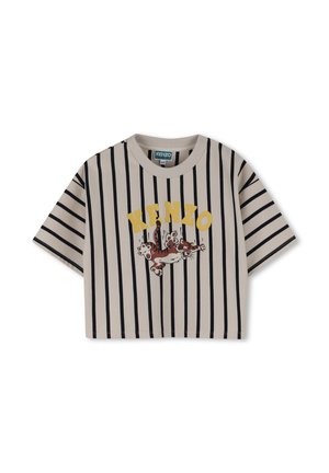 Chemise beige à manches courtes avec des rayures verticales noires, texte jaune "KENZO" et un graphique tigre ludique au centre devant.