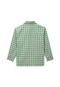 Chemise à manches longues en motif carreaux verts et blancs, fabriquée dans un tissu léger, avec un col à boutons et des manches ajustables.