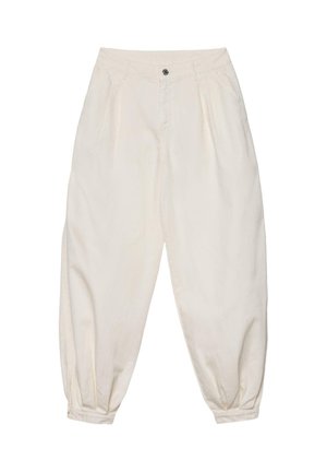 Pantalon blanc taille haute à jambes fuselées, avec plis, bouton à l'avant, poches latérales et bas élastiqués resserrés aux chevilles.