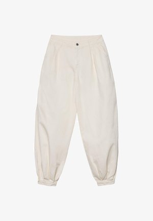 Pantalon blanc taille haute à jambes fuselées, avec plis, bouton à l'avant, poches latérales et bas élastiqués resserrés aux chevilles.