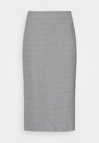 Svart och vit houndstooth pennkjol, knälång, strukturerad design, tillverkad av vävt tyg med en slät textur och diskret slits bak.