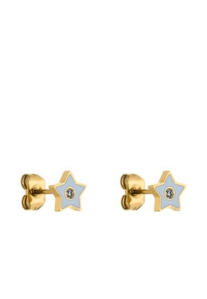 Pair of gold star-shaped stud earrings with light blue enamel and a small clear gemstone in the center of each star.