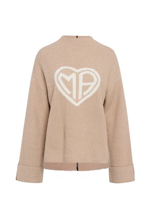 Beige knitted sweater with a large white heart design featuring “MP” in the center. Has a relaxed fit and wide cuffs.