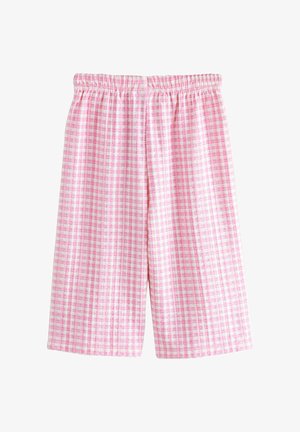 Rózsaszín kockás rövidnadrág elasztikus derékpánttal. Az anyagon kontrasztos fehér vonalakkal tarkított rácsminta látható. Puha tapintású, térdig érő szabás.