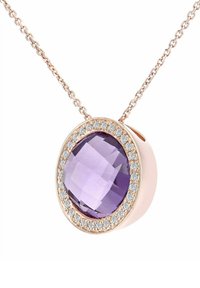 Lilla näputatud vääriskivist ripats roosakaskollases kullas, ümbritsetud väikeste läbipaistvate kivikestega, peenikese kettaga. Sile pind ja ovaalne kuju.