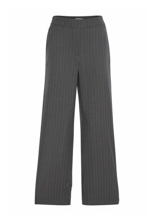 Pantaloni grigi a gamba larga con motivo a righe. Presentano una vita elasticizzata e una trama liscia. Adatti per un abbigliamento casual o professionale.