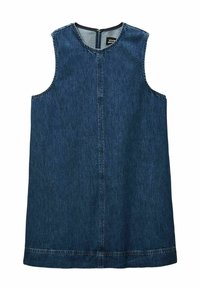 Robe en denim, sans manches, couleur bleu foncé, encolure ronde, fermeture éclair dans le dos, silhouette droite, détails de couture visibles.