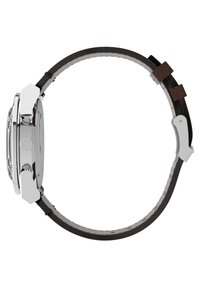 Silberne Uhr mit runder Gehäuseform, schwarzem Lederarmband und zwei Druckknöpfen an der Seite. Das Armband hat einen strukturierten braunen Lederakzent.