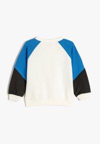 Hvid sweatshirt med blå og sorte ribbede ærmeaccenter. Har en rund hals og elastiske manchetter, der fremhæver et farveblokeret design.