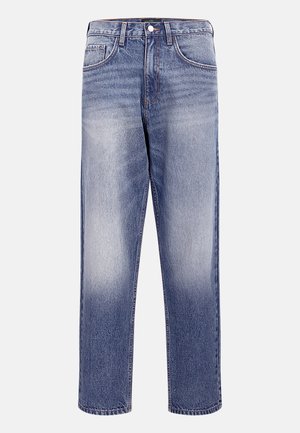 Hellblaue Jeans aus Denim mit geradem Schnitt, ausgestattet mit einer ausgewaschenen Textur, fünf Taschen und einem Knopfverschluss an der Taille.