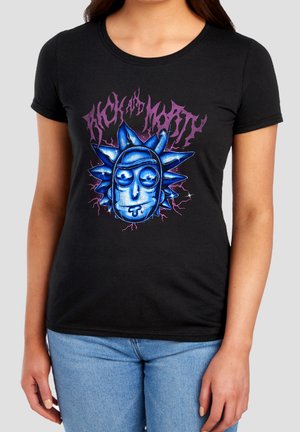 Woman wearing black t-shirt with blue stylized Rick face and purple "Rick and Morty" text above on grey background.