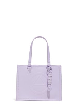 Lavender rectangular handbag with two handles, embossed geometric logo in center, and decorative looped strap attached to one handle.