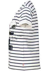 White t-shirt with navy horizontal stripes, short sleeves, and a rounded neckline. Features embroidered design and red accent near the hem.