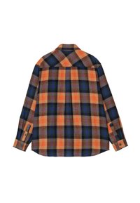 Camicia a maniche lunghe in flanella con motivo a quadri arancione, blu e nero, polsini abbottonati e una spalla sull'indietro.