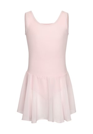 Heller rosa Ballettanzbody mit einem taillierten Oberteil und einem ausgestellten, transparenten Rock. Aus weichem Stoff mit Rundhalsausschnitt und Armausschnitten gefertigt.