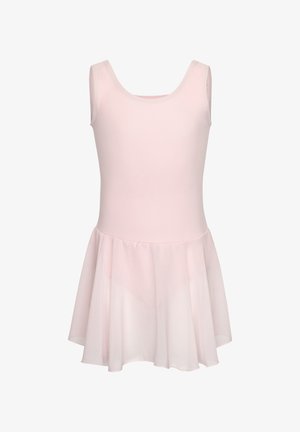 Light pink ballet leotard with a fitted bodice and a flared, sheer skirt. Made of soft fabric with a scoop neckline and armholes.