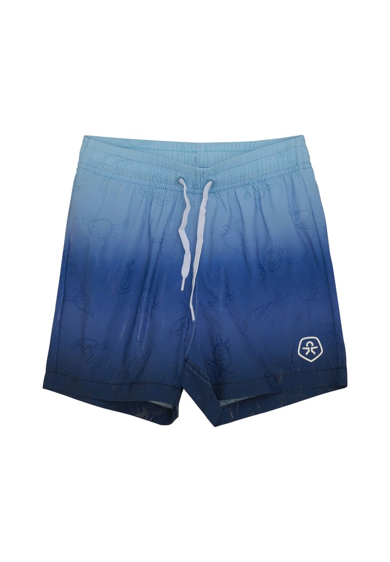 Männliche Badeshorts in einem blauen Farbverlauf von hell bis dunkel. Hergestellt aus leichtem Stoff mit einem elastischen Bund und weißem Kordelzug. Schildkrötenmuster sind sichtbar.