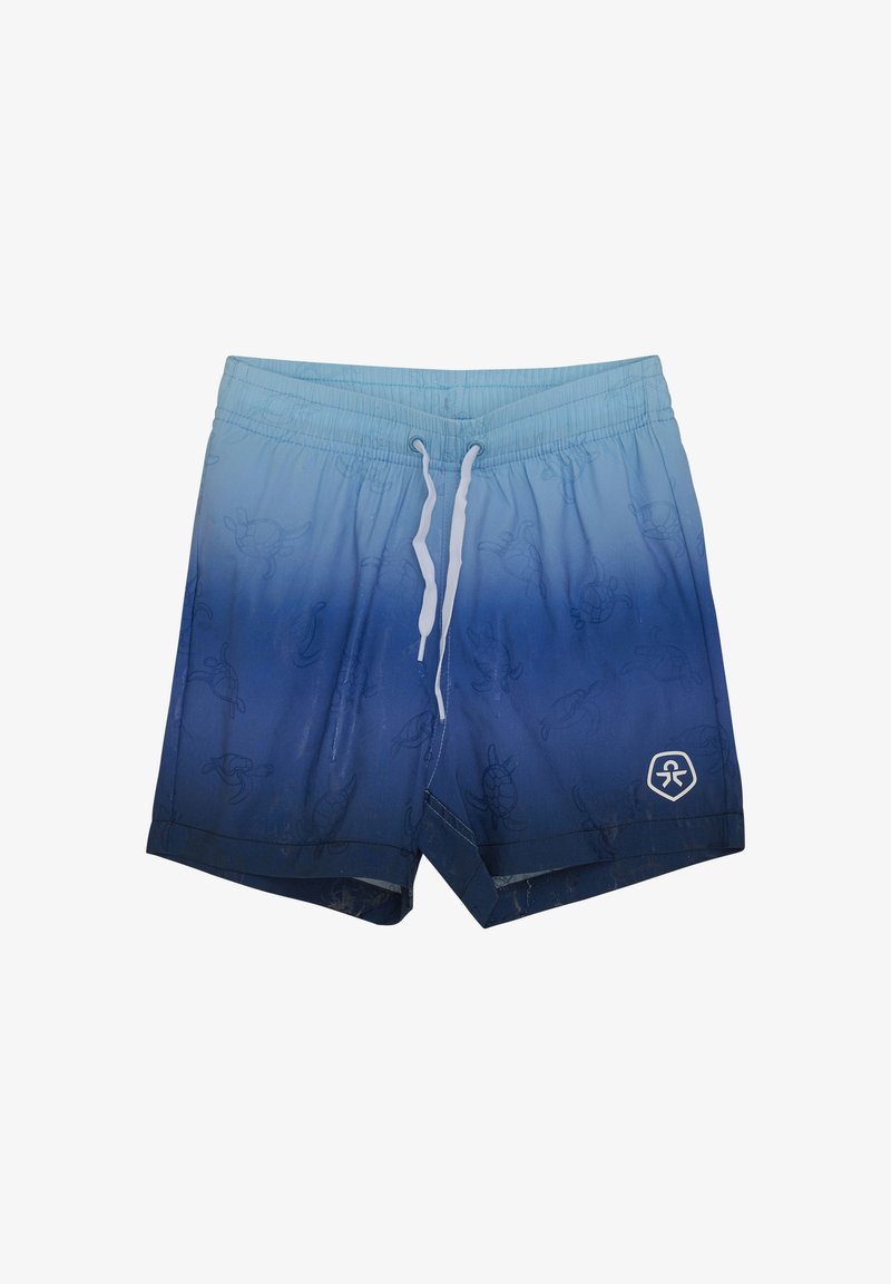 Männliche Badeshorts in einem blauen Farbverlauf von hell bis dunkel. Hergestellt aus leichtem Stoff mit einem elastischen Bund und weißem Kordelzug. Schildkrötenmuster sind sichtbar.