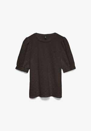 Czarny, teksturowany top z krótkimi bufkami, okrągłym dekoltem i podwiniętymi mankietami. Posiada delikatny wzór falisty na całej powierzchni materiału.