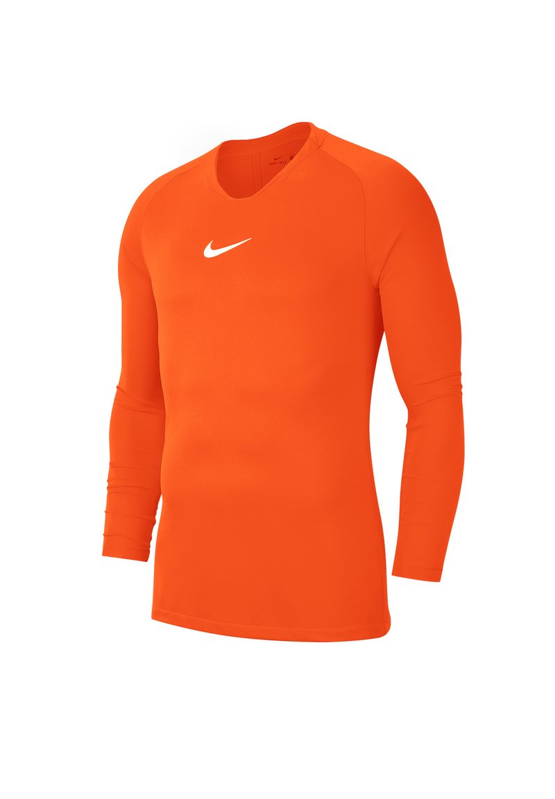Maglietta atletica a maniche lunghe di colore arancione brillante, realizzata in tessuto elasticizzato, con scollatura rotonda e logo Nike swoosh bianco centrato sul petto.