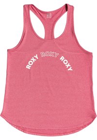 Top atletico rosa con scollatura a girocollo, design a fascia e testo ripetuto "ROXY" in bianco sulla parte anteriore. Tessuto morbido.