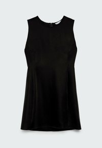 Robe mini noire sans manches en forme trapèze avec encolure ronde et fermeture éclair au dos, présentée sur un fond clair uni.
