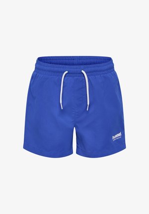 Blaue Badeshorts aus glattem Stoff, mit einem elastischen Bund und einem weißen Kordelzug sowie einem kleinen weißen Logo unten rechts.
