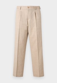 Μπεζ παντελόνι με ίσια γραμμή, πιέτες, κλείσιμο με κουμπί, θηλιές για ζώνη και εφαρμοστή γραμμή.
