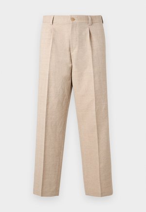 Beige bukser med lige ben, plisseringer, knaplukning, bæltestropper og en skræddersyet pasform.