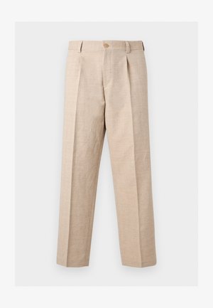 Beige bukser med lige ben, plisseringer, knaplukning, bæltestropper og en skræddersyet pasform.