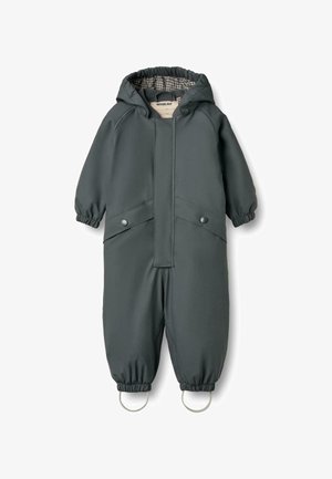 Abrigo para niños en gris oscuro con capucha, puños elásticos y cierres de botones a presión. Cuenta con bolsillos laterales y un suave forro a cuadros.