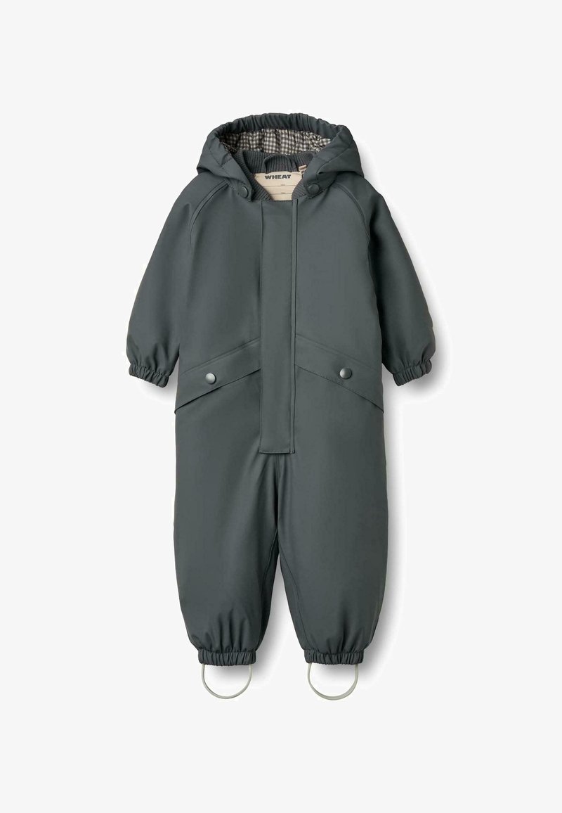 Tumši pelēks bērnu ārējais apģērbs ar kapuci, elastīgām aprocēm un pogu aizdari. Izmanto sānu kabatas un mīkstu rūtainu oderi.