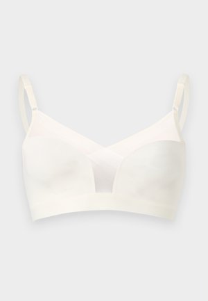 Λευκό ασύρματο σουτιέν με ρυθμιζόμενους ιμάντες και διχτυωτή V-σχήματος λεπτομέρεια στο κέντρο μπροστά, απεικονίζεται σε μονόχρωμο φόντο.