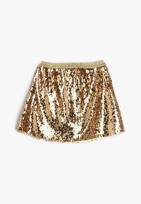 Falda de lentejuelas doradas y bronce con un diseño fruncido, textura brillante y cinturilla elástica. Longitud corta con una silueta fluida.