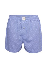 Boxer da uomo azzurro chiaro con pois bianchi, cintura elastica e un singolo bottone bianco sulla patta anteriore.
