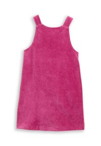 Rosa Corduroykleid mit geradem Schnitt, breiten Trägern und vertikaler Ripptextur. Verfügt über einen sauberen Saum.
