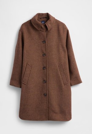 Rjavi plašč z vzorcem mišjega zobu z ovratnikom, dolgimi rokavi, zapenjanjem spredaj na gumbe in dvema stranskima žepoma. Gladek otip in krojen kroj.