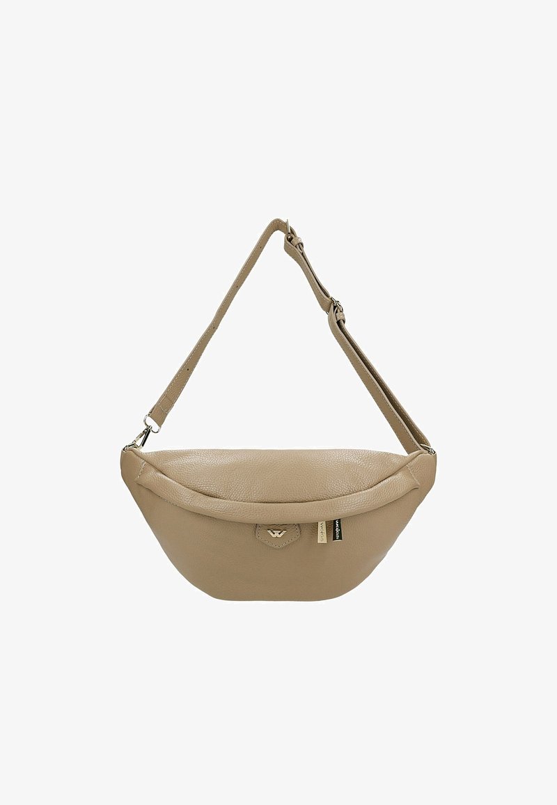 Krémová kožená kabelka přes rameno s zakřiveným tvarem, uzavíráním na zip a nastavitelným popruhem. Obsahuje jemný branding. Hladký povrch.