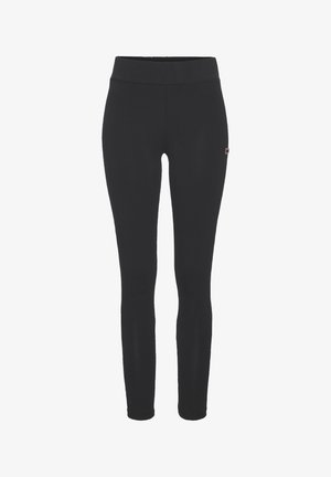 Schwarze Leggings mit hoher Taille, schmaler Passform und elastischem Bund, mit einem kleinen Markenlogo an der linken Hüfte.