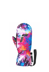 Bunte Fäustlinge mit einem Spritzdesign in Pink, Blau und Gelb. Hergestellt aus Stoff mit einem verstellbaren Handgelenkriemen für Sicherheit.