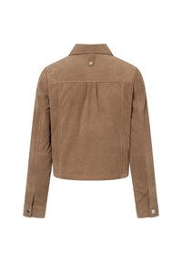 Giacca in suede marrone chiaro con maniche lunghe, polsini con bottone e una patta con bottoni a scatto sulla parte superiore della schiena, vista da dietro.