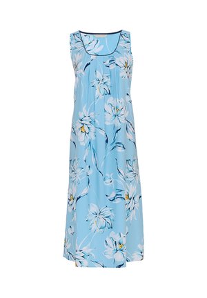 Abito senza maniche in tessuto azzurro chiaro con grandi fiori bianchi e gialli, davanti plissettato e scollatura a girocollo con finiture a contrasto.