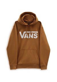 Brauner Hoodie mit großem weißen "VANS"-Logo, Kordelzugkapuze und vorderer Kängurutasche. Hergestellt aus weichem Material mit glatter Textur.