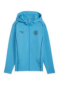 Lichtblauwe Puma full-zip hoodie met het logo van Manchester City en zwarte biezen langs de zijkanten en schouders, voorzien van voorzakken en een capuchon.
