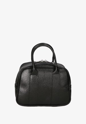 Borsa in pelle nera con superficie texturizzata, parte superiore arrotondata, manici doppi e chiusura con zip. Presenta linee di cucitura sottili e una base rettangolare.